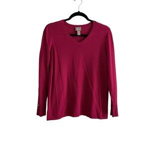 Chicos Women SZ 1 - Small Magenta Pink V-Neck Rhinestone Button L/S Sweater